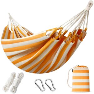 inno stage brazilian double hammocks - woven hammock two person hanging camping bed for patio, backyard, porch, outdoor and indoor use - soft canvas hammock with portable carrying bag yellow