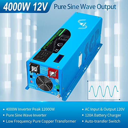 SUNGOLDPOWER 4000W 12V Pure Sine Wave Power Inverter DC 12V Input to AC 120V Output Converter, Low Frequency Inverter Charger for Home, RV, Truck, Off-Grid Solar Wind Power Inverters, Blue