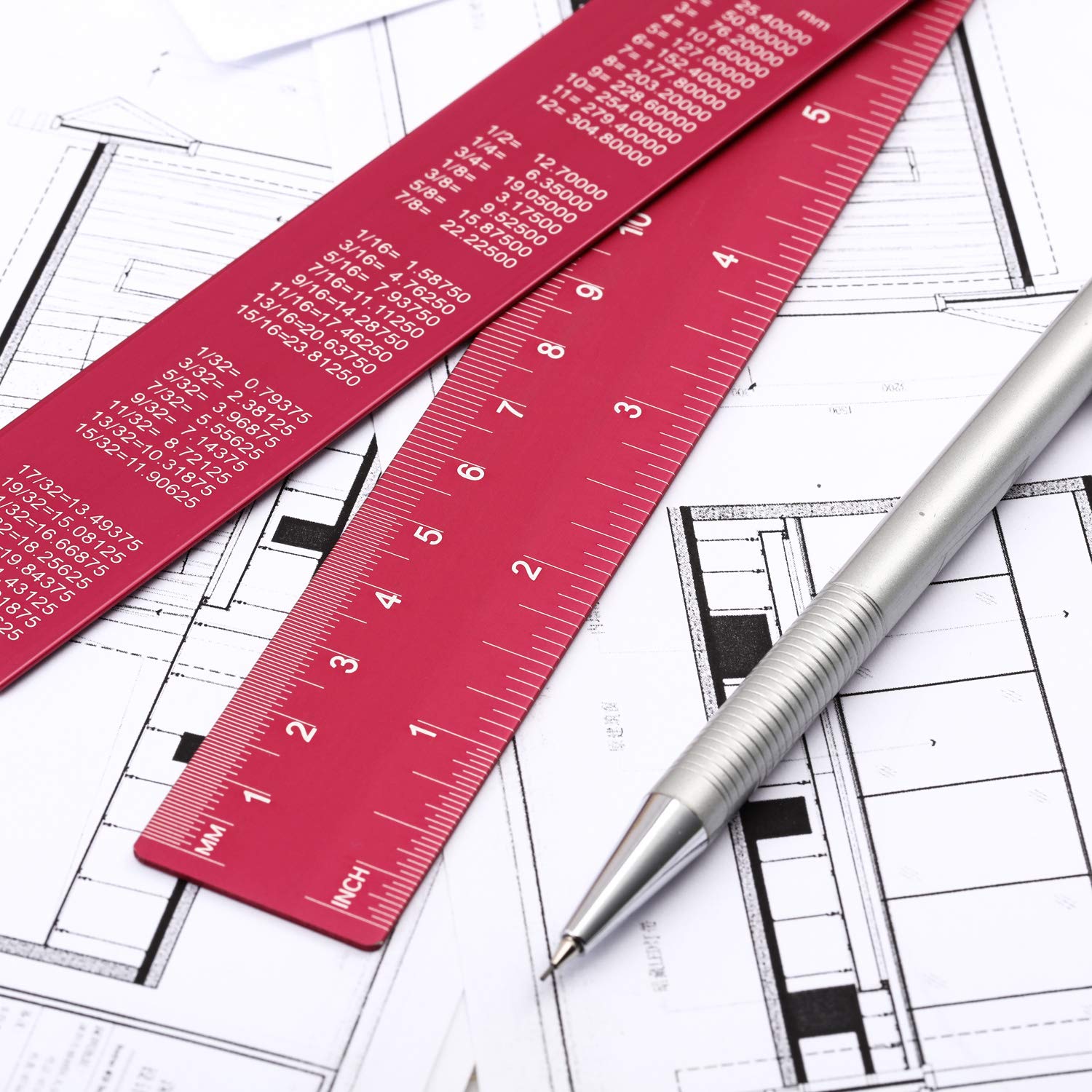 Stainless Steel Ruler and Metal Rule Kit with Conversion Table (Rose Red, 12 Inch, 6 Inch)