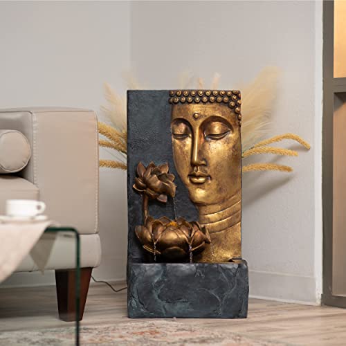 XBrand 30" H Bronze and Natural Grey Polyresin Indoor Outdoor Cascading Lotus Buddha Face Water Fountain w/LED Light, Freestanding, Relaxing Zen Décor for Home Patio Garden Backyard