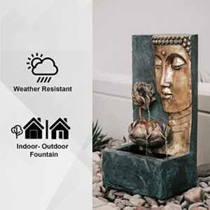 XBrand 30" H Bronze and Natural Grey Polyresin Indoor Outdoor Cascading Lotus Buddha Face Water Fountain w/LED Light, Freestanding, Relaxing Zen Décor for Home Patio Garden Backyard