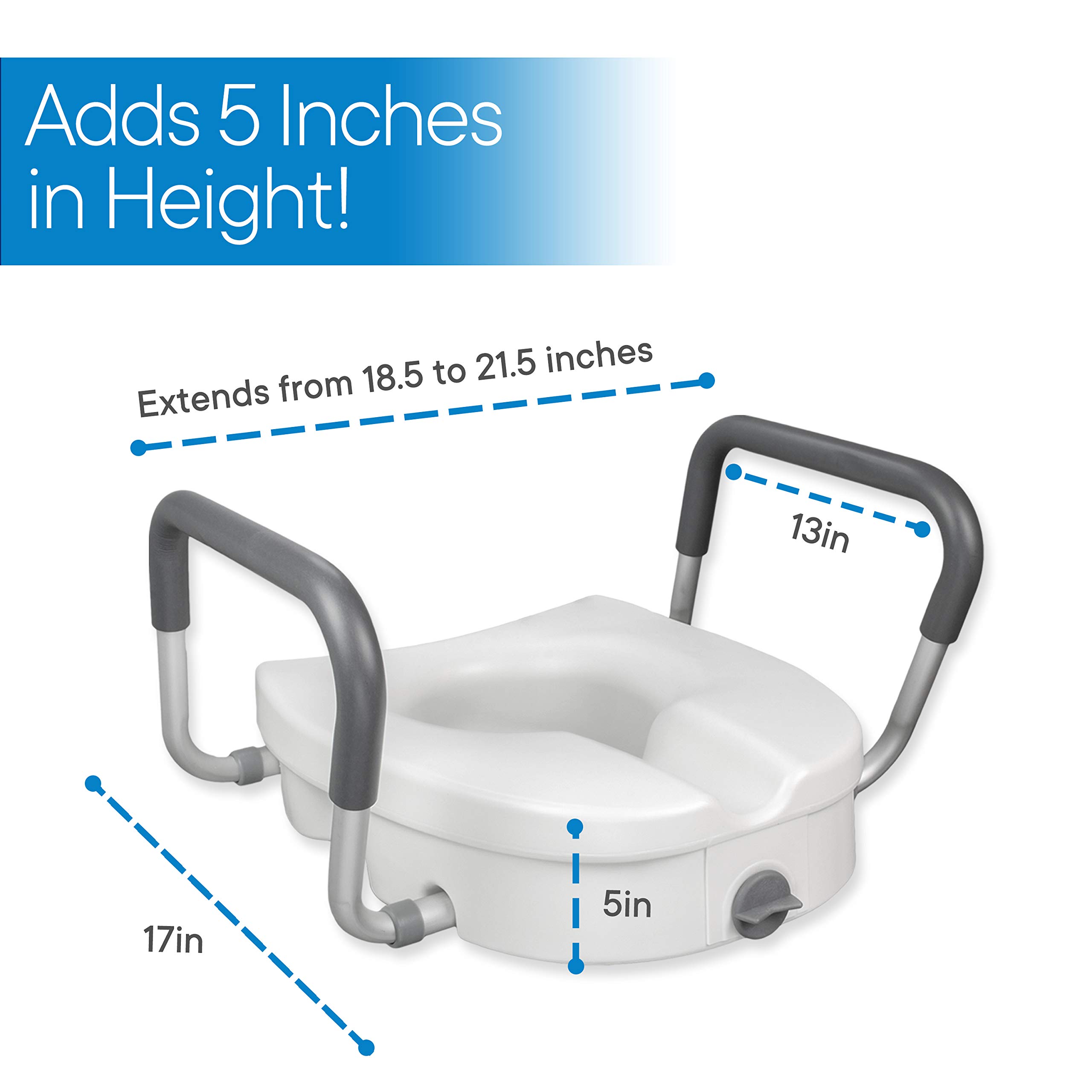 RMS Raised Toilet Seat - 5 Inch Elevated Riser with Adjustable Padded Arms - Toilet Safety Seat for Elongated or Standard Commode