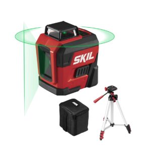 skil 100ft. 360° green self-leveling cross line laser level with horizontal and vertical lines rechargeable lithium battery with usb charging port, compact tripod & carry bag included - ll9322g-01