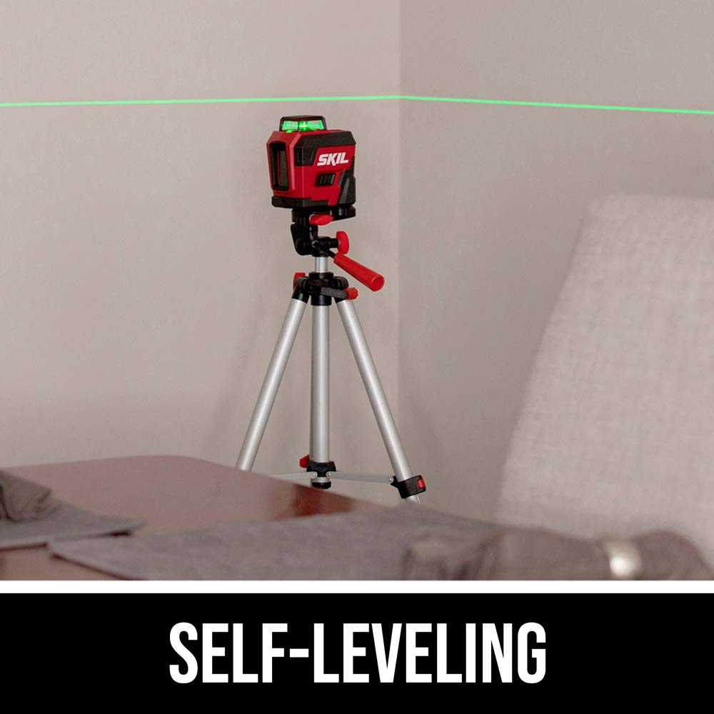 SKIL 100ft. 360° Green Self-Leveling Cross Line Laser Level with Horizontal and Vertical Lines Rechargeable Lithium Battery with USB Charging Port, Compact Tripod & Carry Bag Included - LL9322G-01