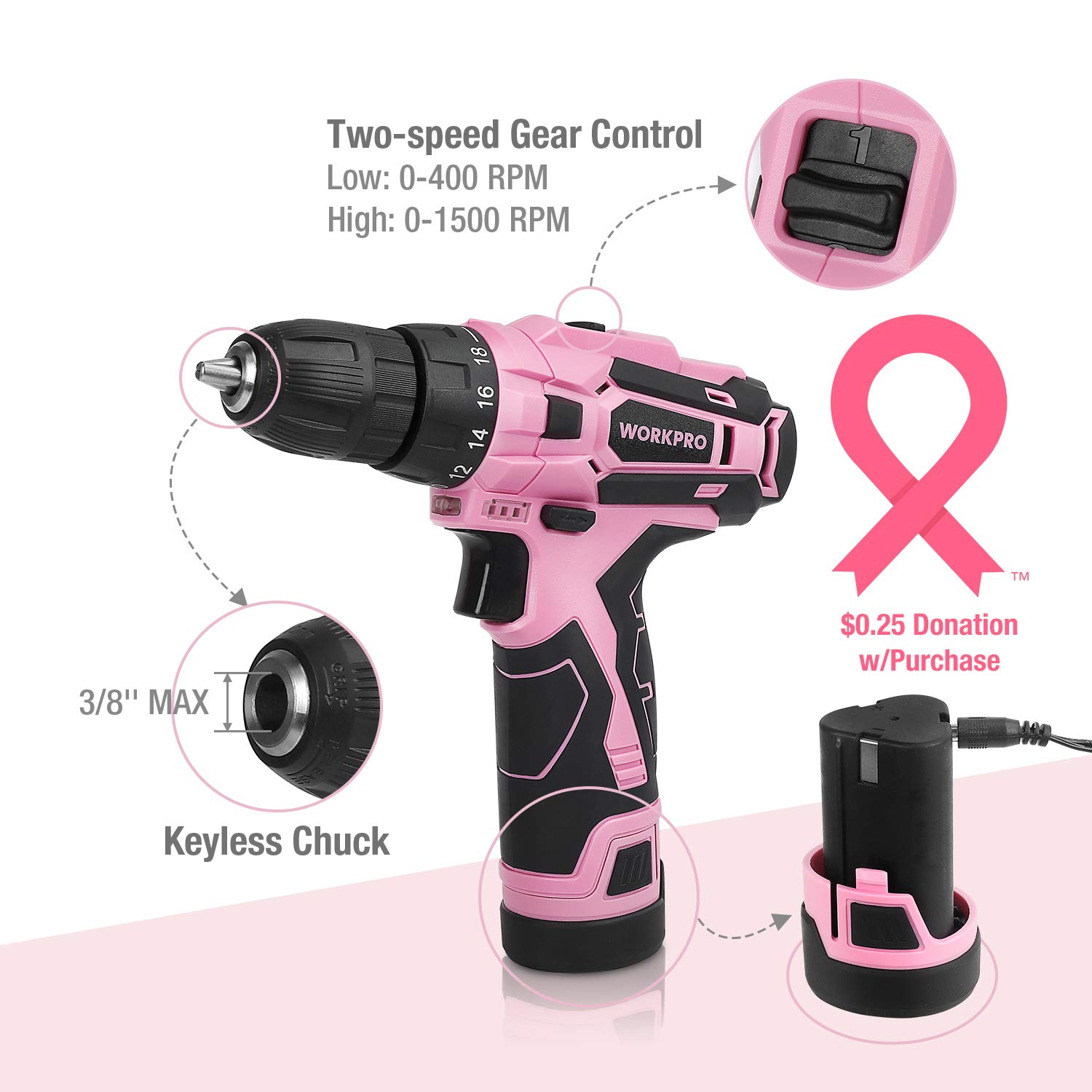 WORKPRO Pink Cordless Drill Driver Set, 12V Electric Screwdriver Driver Tool Kit, 3/8" Keyless Chuck, Charger and Storage Bag Included - Pink Ribbon