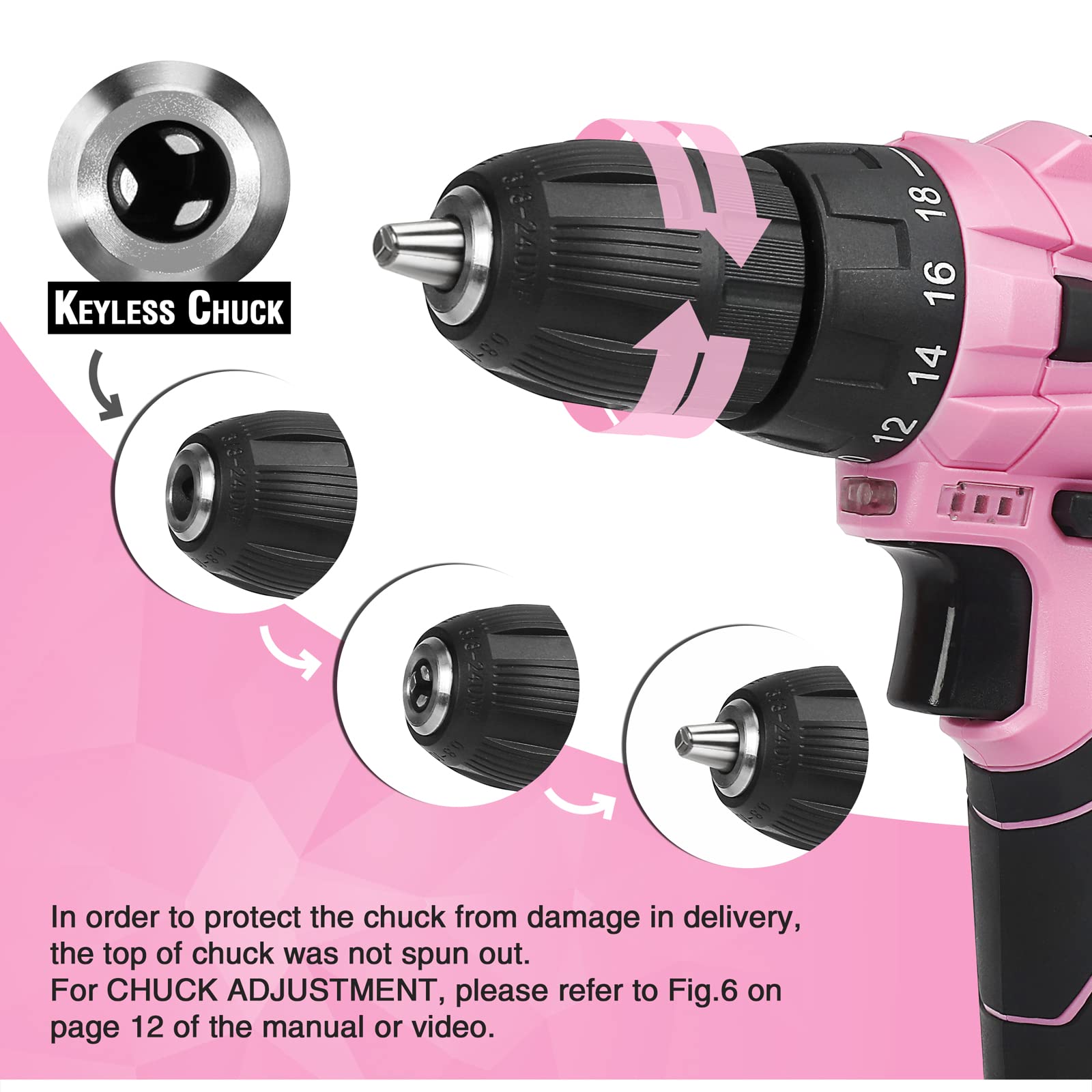 WORKPRO Pink Cordless Drill Driver Set, 12V Electric Screwdriver Driver Tool Kit, 3/8" Keyless Chuck, Charger and Storage Bag Included - Pink Ribbon