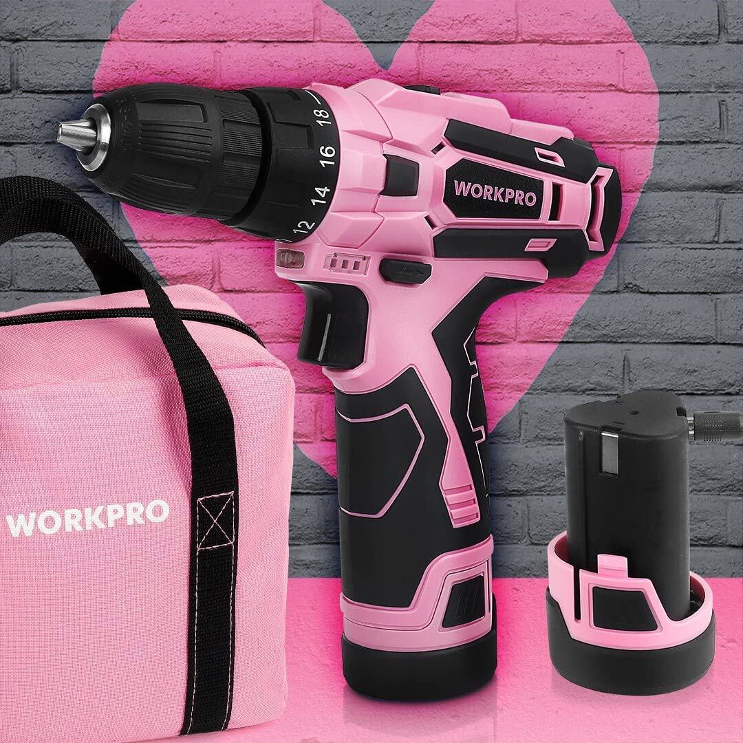 WORKPRO Pink Cordless Drill Driver Set, 12V Electric Screwdriver Driver Tool Kit, 3/8" Keyless Chuck, Charger and Storage Bag Included - Pink Ribbon