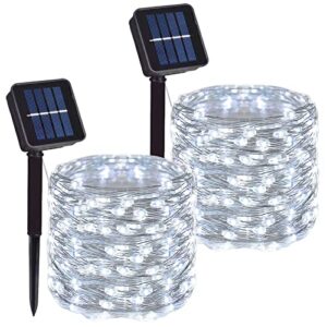 daylightir 2 pack 100 led solar powered copper wire string lights outdoor, waterproof, 8 modes fairy lights for garden, patio, party, yard, christmas (white)