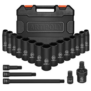 artipoly 20 pieces 1/2" drive metric deep impact socket set,10mm-24mm no skip, includes extension bars, universal joint and adapter, 6 point design, meets ansi standards