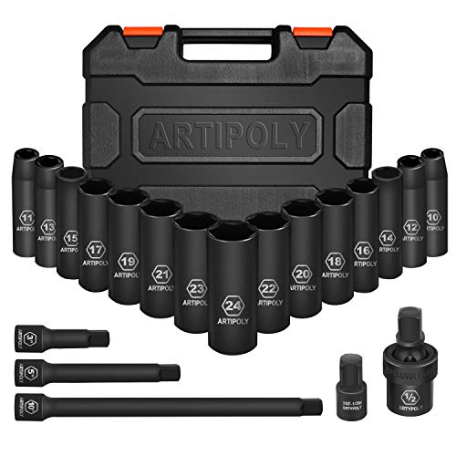 ARTIPOLY 20 Pieces 1/2" Drive Metric Deep Impact Socket Set,10mm-24mm no skip, Includes Extension Bars, Universal Joint and Adapter, 6 Point Design, Meets ANSI Standards