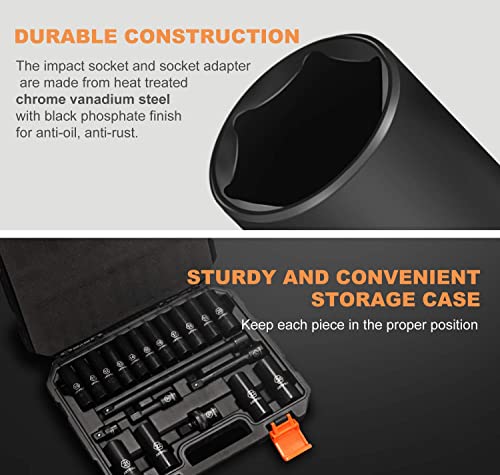 ARTIPOLY 20 Pieces 1/2" Drive Metric Deep Impact Socket Set,10mm-24mm no skip, Includes Extension Bars, Universal Joint and Adapter, 6 Point Design, Meets ANSI Standards