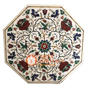 white marble octagon dining table top marquetry bird multi floral inlay home decor | 38" inches