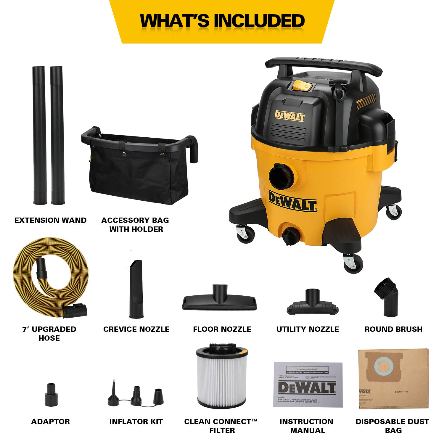 DEWALT 9 Gallon Wet/Dry VAC, Heavy-Duty Shop Vacuum with Attachments, 5 Peak HP, with Blower Function, DXV09PA, Yellow