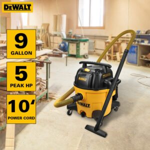 DEWALT 9 Gallon Wet/Dry VAC, Heavy-Duty Shop Vacuum with Attachments, 5 Peak HP, with Blower Function, DXV09PA, Yellow