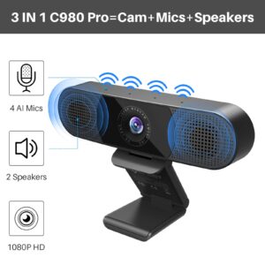 EMEET 3 in 1 Webcam - 1080P Webcam with Microphone and Speakers, Noise Reduction, Auto Low Light Correction W/Cover, C980 Pro USB Camera Webcam 65°-90° for Video Conferencing Streaming/Gaming/Class