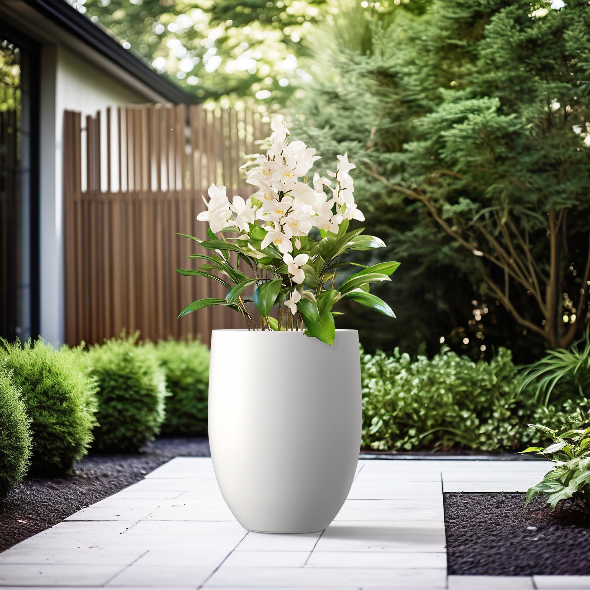 Kante 21.7" H Pure White Concrete Tall Planter, Large Outdoor Indoor Decorative Pot with Drainage Hole and Rubber Plug, Modern Round Style for Home and Patio