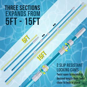 U.S. Pool Supply Professional 15 Foot Blue Anodized Aluminum Telescopic Swimming Pool Pole, Adjustable 3 Piece Expandable Step-Up - Attach Connect Skimmer Nets, Rakes, Brushes, Vacuum Heads with Hoses