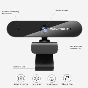 Walfront 1080P Webcam for PC Laptop Desktop, 360-Degree Rotation Streaming Webcam with Microphone, Computer Video Camera Webcam Compatible for Video Calling Recording Conferencing, premium black (Model-S3)