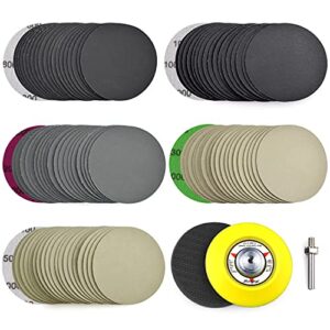 poliwell 3 inch (75mm) assorted 800/1000/2000/3000/5000 grit high performance heavy duty silicon carbide wet/dry hook & loop sanding discs with 1/4 inch shank sanding pad + foam buffering pad, 100pcs