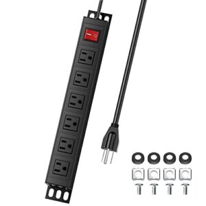 6 outlets heavy duty power strip, mountable metal power strip outlet, rack mount power strip 6 ft 16 awg long extension cord for commercial workshop industrial kitchen office
