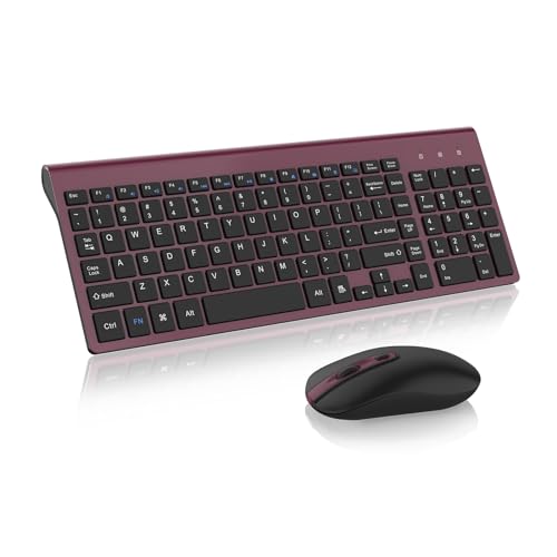 Wireless Keyboard and Mouse Combo, cimetech Compact Full Size Wireless Keyboard and Mouse Set 2.4G Ultra-Thin Sleek Design for Windows, Computer, Desktop, PC, Notebook - (Wine red)