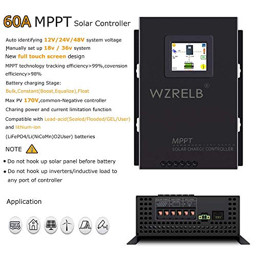 WZRELB New 60A MPPT Solar Charge Controller 12V/24V/48 Auto , 18V/36V Manual Max PV 170V,LCD Full Touch Screen Design,Battery Charger Controller