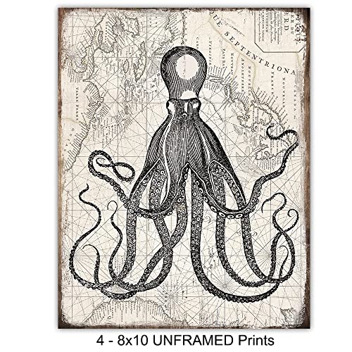 Nautical Decor, Wall Art - Vintage Octopus, Whale, Beach House Decor for Bathroom, Living Room, Bedroom, Office - Ocean, Sea Themed Decoration - Unique Rustic Gift - 8x10 UNFRAMED Poster Print