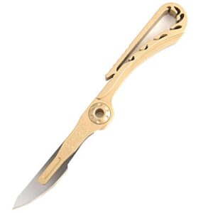 szhoworld mini brass pocket knife edc utility knife with 10 extra replaceable blades, portable sharp folding knife with back clip