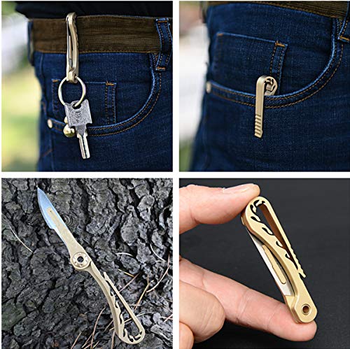 SZHOWORLD Mini Brass Pocket Knife EDC Utility Knife with 10 Extra Replaceable Blades, Portable Sharp Folding Knife with Back Clip