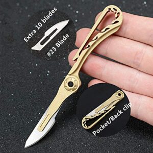 SZHOWORLD Mini Brass Pocket Knife EDC Utility Knife with 10 Extra Replaceable Blades, Portable Sharp Folding Knife with Back Clip