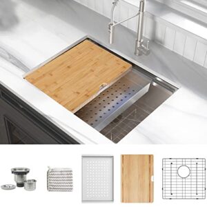 korvos workstation undermount 16 gauge single bowl bar kitchen sink with bamboo cutting board and accessories, 24 inch, stainless steel