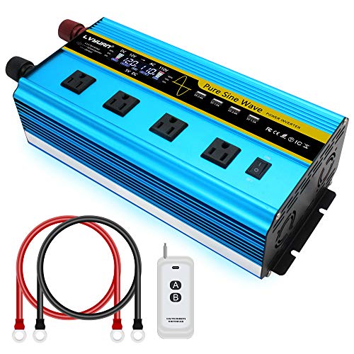 LVYUAN Pure Sine Wave Inverter 2500 Watt Inverter 12V to 110V DC to AC with Remote Controller, LCD Display 4 AC Sockets and 4 USB Charge Ports for Car Truck Solar System (2500W with Remote Controller)