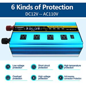 LVYUAN Pure Sine Wave Inverter 2500 Watt Inverter 12V to 110V DC to AC with Remote Controller, LCD Display 4 AC Sockets and 4 USB Charge Ports for Car Truck Solar System (2500W with Remote Controller)