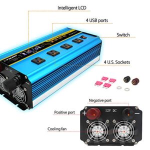 LVYUAN Pure Sine Wave Inverter 2500 Watt Inverter 12V to 110V DC to AC with Remote Controller, LCD Display 4 AC Sockets and 4 USB Charge Ports for Car Truck Solar System (2500W with Remote Controller)