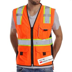 dib safety vest reflective orange mesh, high visibility vest with pockets and zipper, heavy duty vest made with 3m reflective tape s