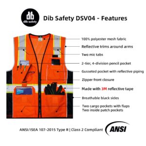 Dib Safety Vest Reflective Orange Mesh, High Visibility Vest with Pockets and Zipper, Heavy Duty Vest Made with 3M Reflective Tape S