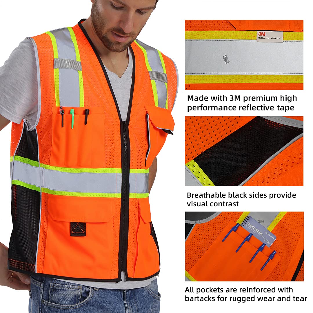Dib Safety Vest Reflective Orange Mesh, High Visibility Vest with Pockets and Zipper, Heavy Duty Vest Made with 3M Reflective Tape S