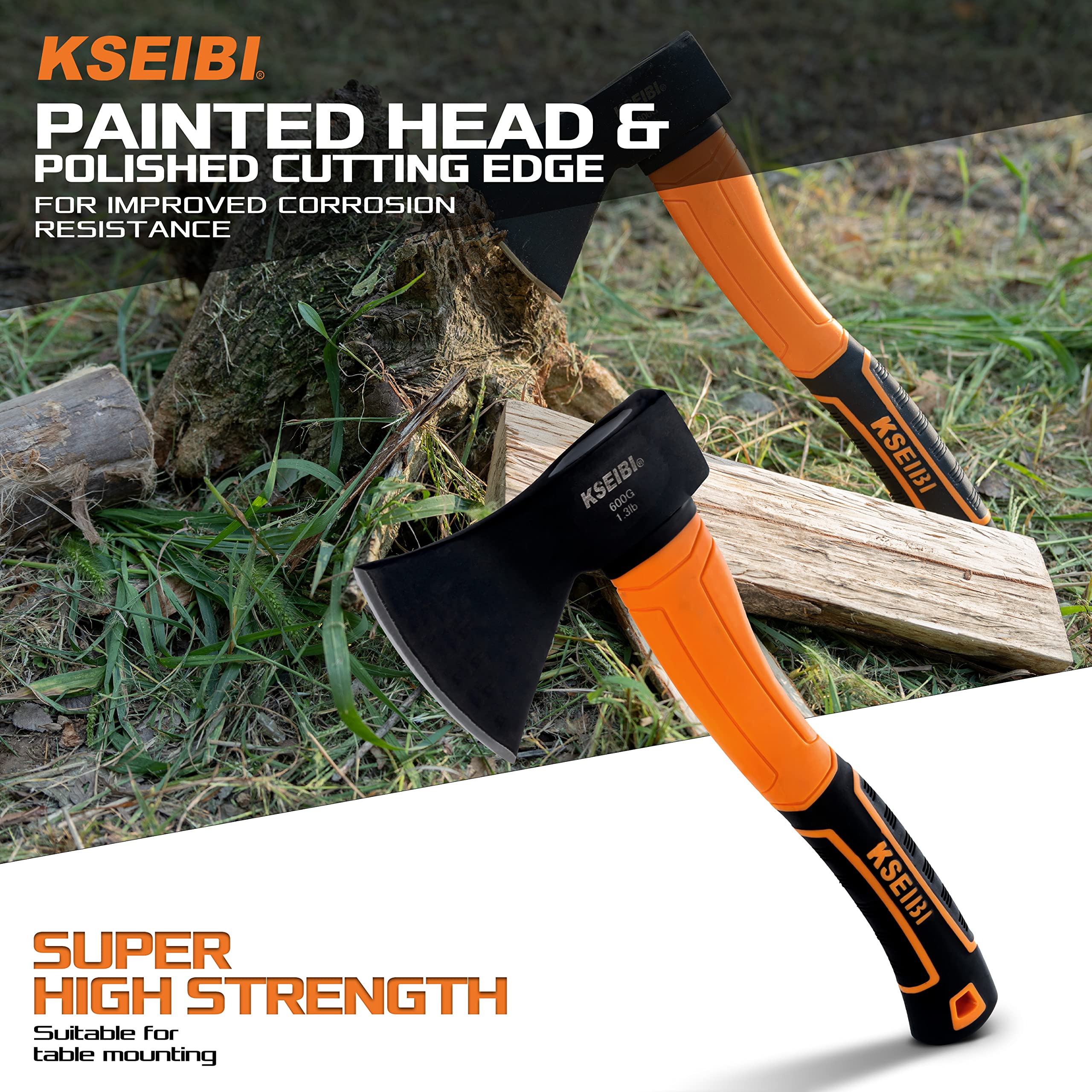 KSEIBI Wood Axe, Small Outdoor Camp Hatchet for Splitting and Kindling Wood, Forged Steel Blade with Anti-Slip and Shock Reduction Handle Great Throwing Axes and Hatchets (Modern)