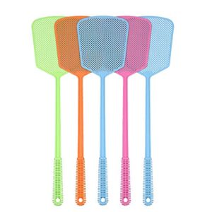 fly swatter, 5 pack strong plastic fly swat set heavy duty with long flexible handle manual assorted colors multi pack fly swatters