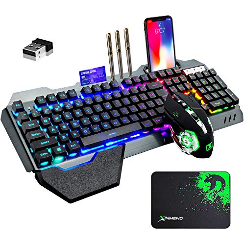 Wireless Gaming Keyboard and Mouse with Rainbow LED 16RGB Backlit Rechargeable 4800mAh Battery Metal Panel Mechanical Ergonomic Feel Waterproof Dustproof 7 Color Mute Mice for Laptop PC Gamer(Black)