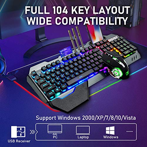 Wireless Gaming Keyboard and Mouse with Rainbow LED 16RGB Backlit Rechargeable 4800mAh Battery Metal Panel Mechanical Ergonomic Feel Waterproof Dustproof 7 Color Mute Mice for Laptop PC Gamer(Black)