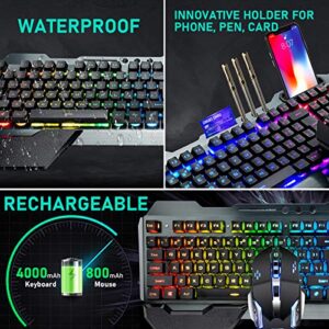 Wireless Gaming Keyboard and Mouse with Rainbow LED 16RGB Backlit Rechargeable 4800mAh Battery Metal Panel Mechanical Ergonomic Feel Waterproof Dustproof 7 Color Mute Mice for Laptop PC Gamer(Black)