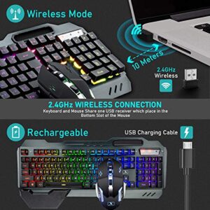 Wireless Gaming Keyboard and Mouse with Rainbow LED 16RGB Backlit Rechargeable 4800mAh Battery Metal Panel Mechanical Ergonomic Feel Waterproof Dustproof 7 Color Mute Mice for Laptop PC Gamer(Black)