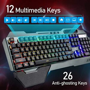 Wireless Gaming Keyboard and Mouse with Rainbow LED 16RGB Backlit Rechargeable 4800mAh Battery Metal Panel Mechanical Ergonomic Feel Waterproof Dustproof 7 Color Mute Mice for Laptop PC Gamer(Black)