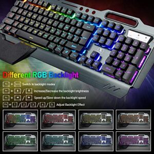 Wireless Gaming Keyboard and Mouse with Rainbow LED 16RGB Backlit Rechargeable 4800mAh Battery Metal Panel Mechanical Ergonomic Feel Waterproof Dustproof 7 Color Mute Mice for Laptop PC Gamer(Black)