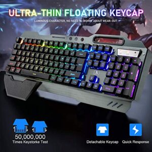 Wireless Gaming Keyboard and Mouse with Rainbow LED 16RGB Backlit Rechargeable 4800mAh Battery Metal Panel Mechanical Ergonomic Feel Waterproof Dustproof 7 Color Mute Mice for Laptop PC Gamer(Black)