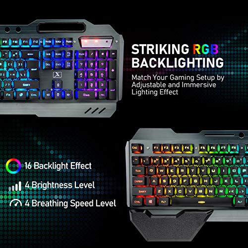 Wireless Gaming Keyboard and Mouse with Rainbow LED 16RGB Backlit Rechargeable 4800mAh Battery Metal Panel Mechanical Ergonomic Feel Waterproof Dustproof 7 Color Mute Mice for Laptop PC Gamer(Black)