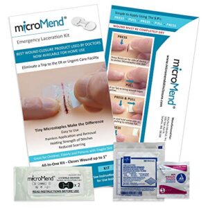 micromend emergency wound closures surgical quality laceration repair without stitches - think ahead - be prepared- (kit - 2 micromend medium devices, gauze, antiseptic wipe)