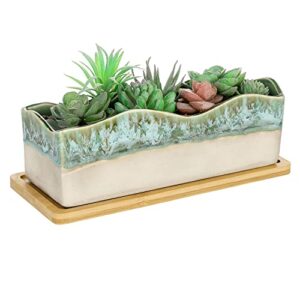 mygift rectangular succulent planter - decorative beige and green ceramic glazed plant container pot with removable bamboo tray