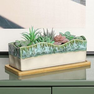 MyGift Rectangular Succulent Planter - Decorative Beige and Green Ceramic Glazed Plant Container Pot with Removable Bamboo Tray